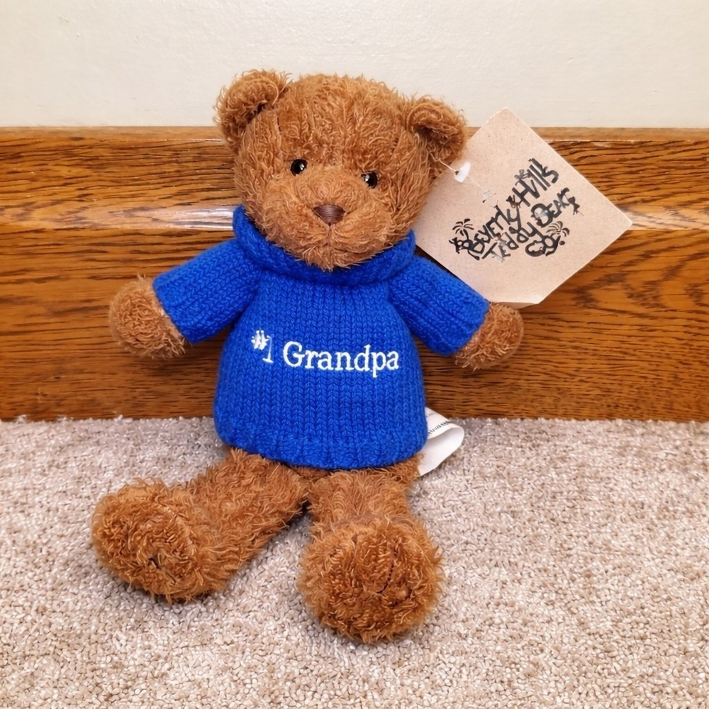 Beverly Hills Teddy Bear Co Grandpa Bear Plush Brown Blue Sweater Stuffed Animal